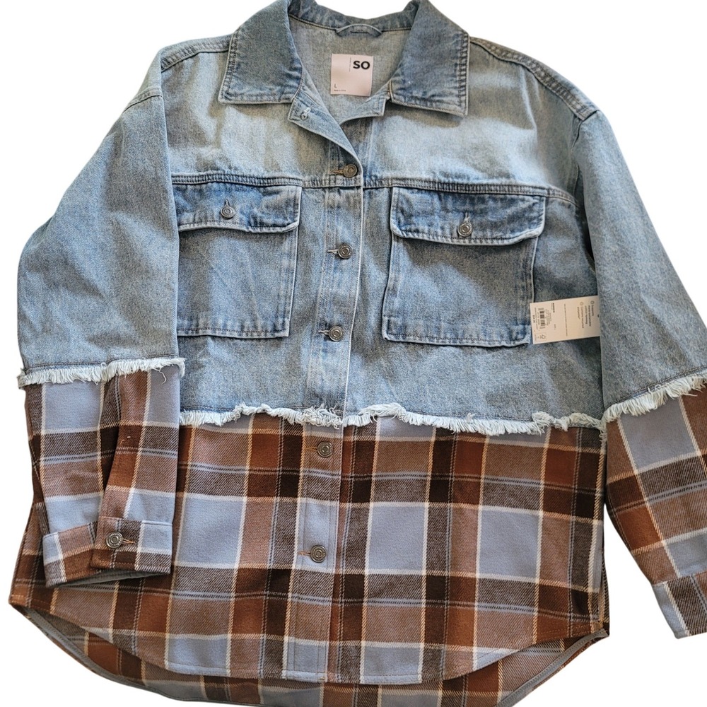 SO denim mixed‎ plaid jacket women size L blue brown button down frayed hem